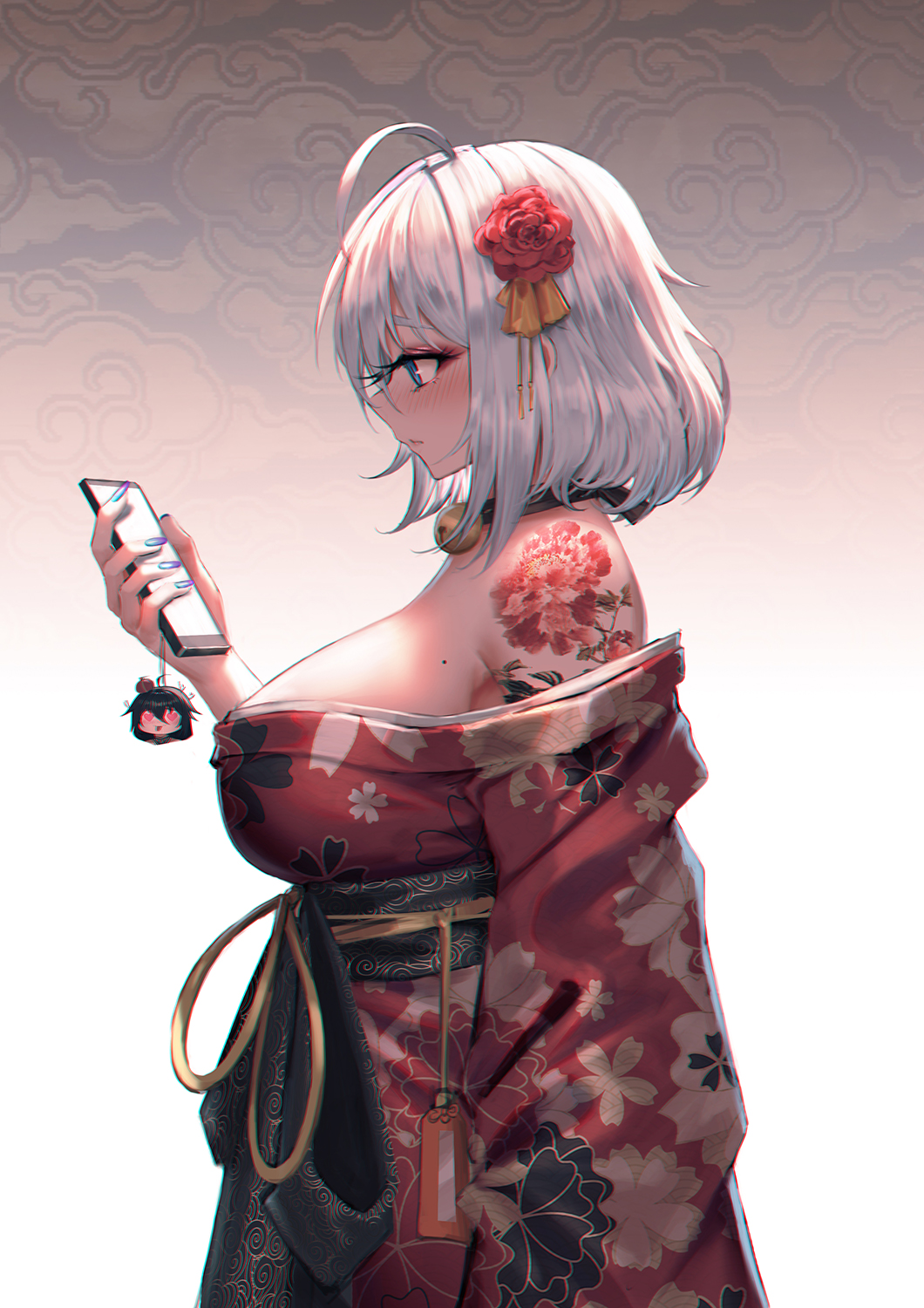 1girl ahoge bangs bare_shoulders bell blue_eyes blush breasts cellphone cellphone_charm closed_mouth commentary english_commentary eyebrows_behind_hair floral_print flower from_side hair_between_eyes hair_flower hair_ornament heart heart_eyes highres holding holding_phone japanese_clothes jingle_bell kimono large_breasts obi off_shoulder original phone print_kimono profile red_flower red_kimono red_rose rose sash silver_hair solo tattoo thick_eyebrows yurichtofen