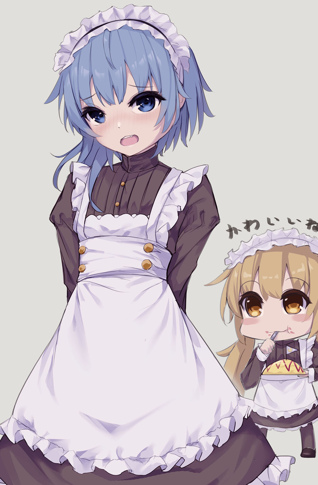 2girls alternate_costume apron asymmetrical_hair black_dress blonde_hair blue_eyes blue_hair commentary_request cowboy_shot dress eating embarrassed enmaided food frilled_apron frills highres kantai_collection logiclr long_hair maid maid_headdress minazuki_(kancolle) multiple_girls omurice satsuki_(kancolle) short_hair short_hair_with_long_locks solo_focus twintails white_apron yellow_eyes