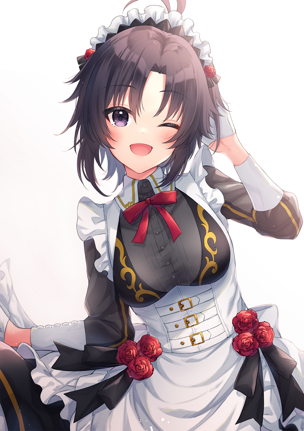 1girl ;d antenna_hair apron arm_up ayumi_(as0206) bangs black_dress black_hair black_ribbon blush breasts buckle commentary_request corset cowboy_shot dress eyebrows_visible_through_hair frills gloves hand_in_hair highres idolmaster idolmaster_(classic) idolmaster_million_live! idolmaster_million_live!_theater_days kikuchi_makoto long_sleeves maid_headdress medium_breasts neck_ribbon one_eye_closed open_mouth parted_bangs red_neckwear red_ribbon ribbon short_hair simple_background smile solo violet_eyes waist_apron white_apron white_background white_gloves