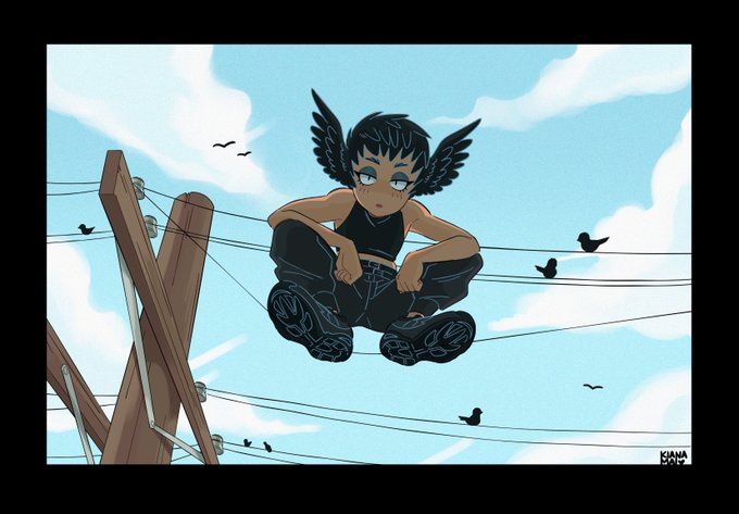 1girl arms_on_knees baggy_pants bird black_clothes black_eyeshadow crop_top dark_skin dark-skinned_female eyeshadow hair_wings kiana_mai looking_at_viewer looking_down makeup midriff original pants power_lines shoes short_hair sky sneakers squatting wire