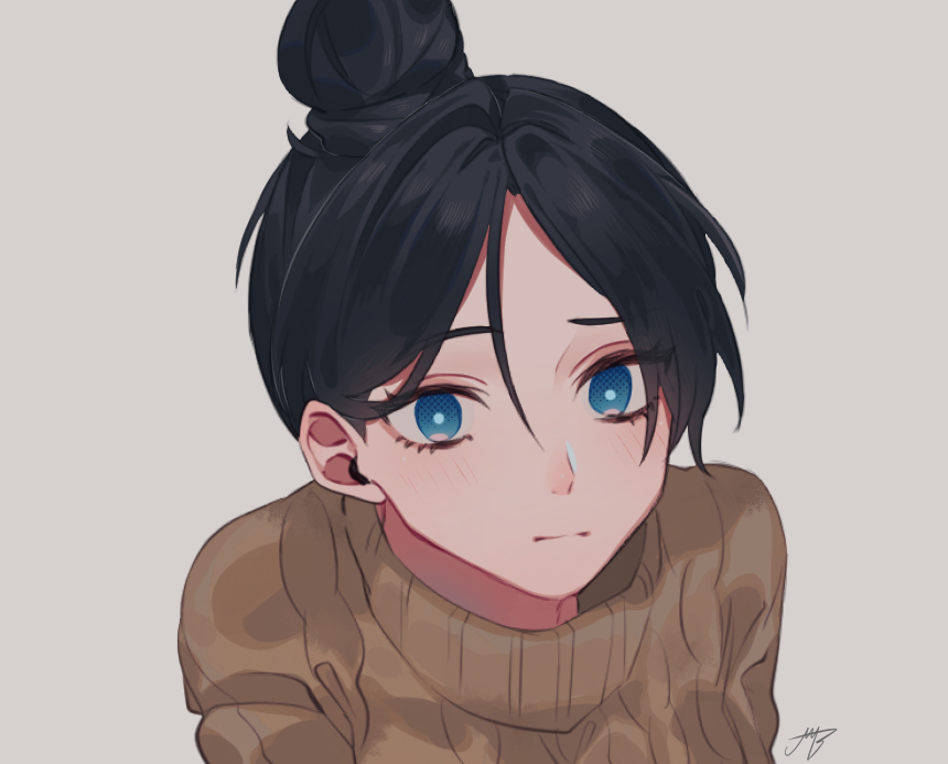 1girl alternate_costume apex_legends bangs black_hair blue_eyes brown_sweater eyebrows_visible_through_hair grey_background hair_behind_ear iyo_(nanaka-0521) leaning_forward light_blush looking_at_viewer parted_bangs ribbed_sweater signature solo sweater upper_body wraith_(apex_legends)