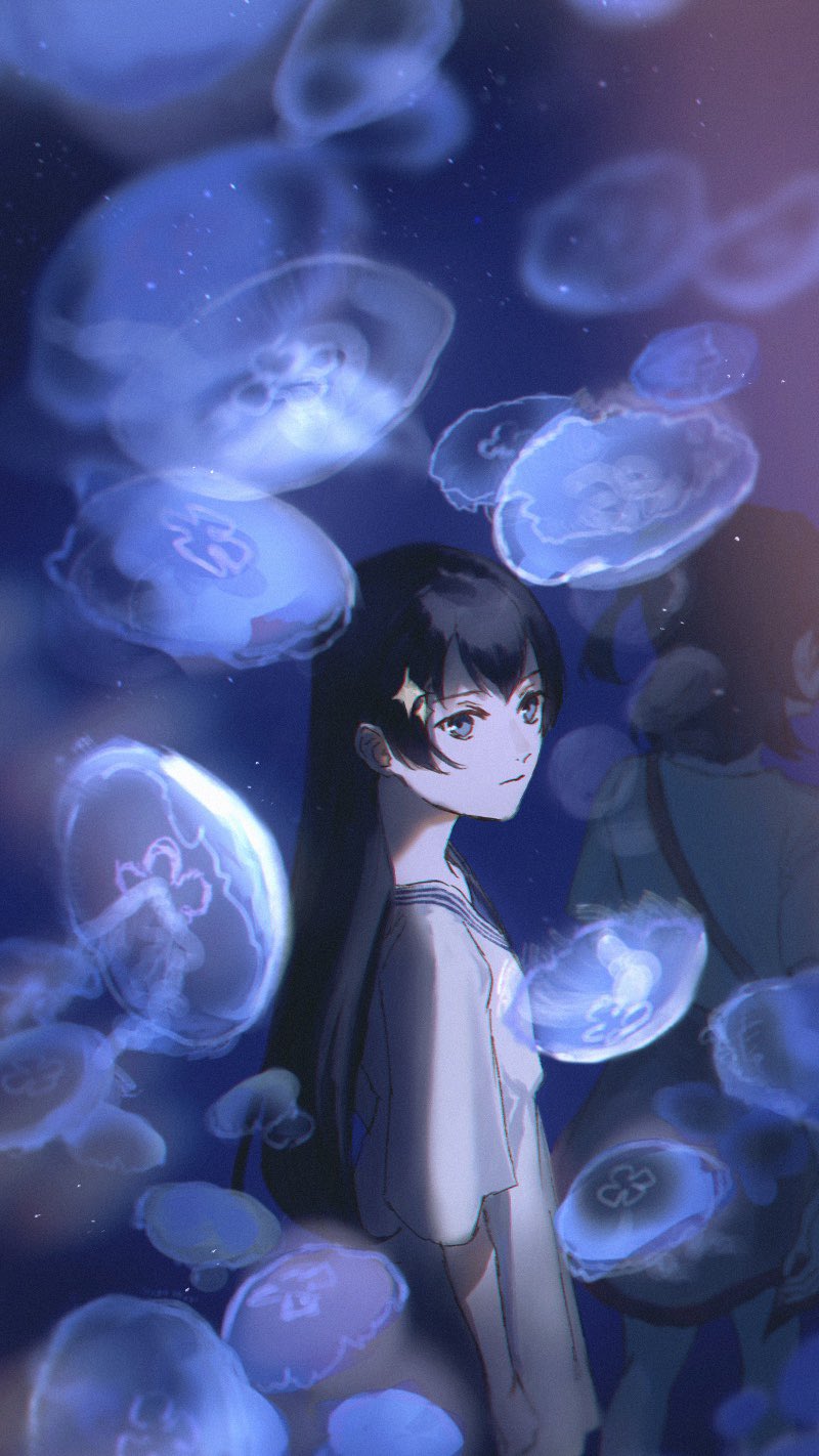 2girls aijou_karen aquarium arm_at_side bangs black_hair blue_background blurry blurry_foreground brown_hair brown_skirt closed_mouth commentary_request dress expressionless facing_away from_side grey_eyes hair_ornament highres indoors jellyfish kagura_hikari light_particles long_hair looking_away looking_to_the_side miniskirt multiple_girls pumpkin-crazy shirt short_hair short_sleeves shoujo_kageki_revue_starlight skirt solo_focus sparkle_hair_ornament standing two_side_up white_dress white_shirt wide_sleeves