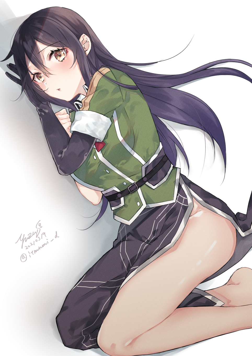 1girl barefoot black_eyes black_gloves black_hair breasts chikuma_(kancolle) dated elbow_gloves gloves highres kantai_collection large_breasts long_hair lying military military_uniform on_side one-hour_drawing_challenge pantyhose pelvic_curtain puffy_short_sleeves puffy_sleeves remodel_(kantai_collection) saiki_yuzuri sheer_legwear short_sleeves single_elbow_glove single_glove solo twitter_username uniform