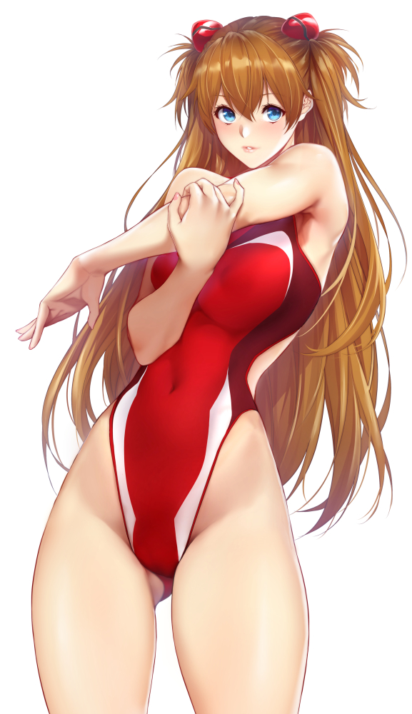 1girl asymmetrical_breasts blue_eyes blush commentary evangelion:_3.0_you_can_(not)_redo ground hair_ornament long_hair looking_at_viewer neon_genesis_evangelion one-piece_swimsuit orange_hair rebuild_of_evangelion red_swimsuit shikinami_asuka_langley shiny shiny_hair solo souryuu_asuka_langley standing stretch swimsuit twintails white_background zucchini