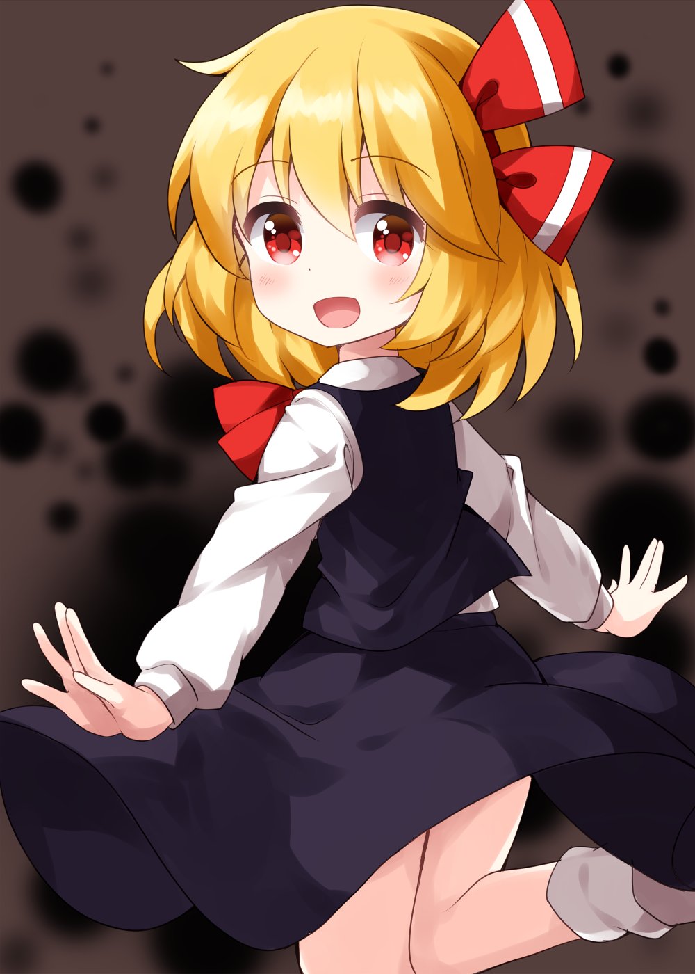 1girl :d bangs black_dress black_skirt black_vest blonde_hair blush dark_background dress frilled_skirt frills hair_ribbon highres long_sleeves looking_at_viewer looking_back one-hour_drawing_challenge open_mouth outstretched_arms red_eyes red_ribbon ribbon rumia ruu_(tksymkw) shirt short_hair skirt smile solo touhou vest white_legwear