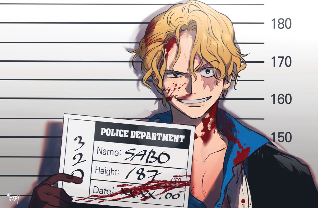 1boy artist_name black_eyes blonde_hair blood blood_on_face bloody_clothes brown_gloves character_name eyebrows_visible_through_hair gloves grin holding holding_sign looking_at_viewer male_focus mugshot no_hat no_headwear one_piece pipi_080 raised_eyebrow sabo_(one_piece) scar scar_on_face shadow short_hair sign smile solo straight-on wavy_hair