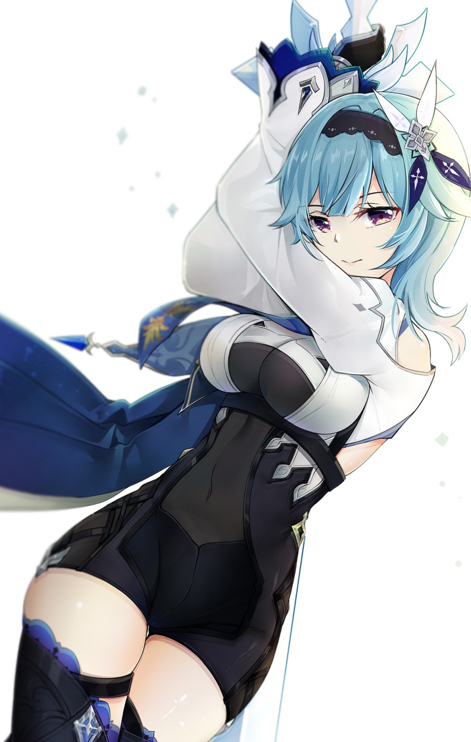 1girl arms_up bangs blue_hair bodystocking breasts cape covered_navel cowboy_shot eula_(genshin_impact) genshin_impact gloves hair_ornament half-closed_eyes highres long_sleeves looking_at_viewer medium_breasts qingye_ling simple_background smile thigh-highs thighs violet_eyes white_background
