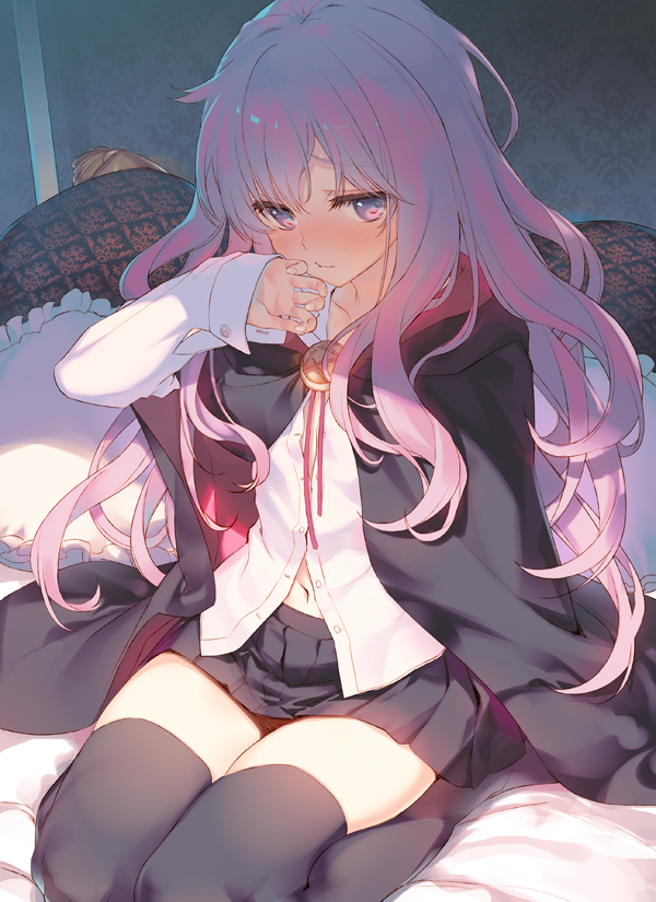 1girl black_legwear blush bolo_tie cloak closed_mouth dress_shirt embarrassed flat_chest hand_to_own_mouth hood hooded_cloak long_hair louise_francoise_le_blanc_de_la_valliere midriff_peek miniskirt navel on_bed open_cuffs partially_unbuttoned pentacle pentagram pink_eyes pink_hair pleated_skirt shirt sitting skirt sleeves_past_wrists solo tatami_to_hinoki textless thigh-highs wariza zero_no_tsukaima zettai_ryouiki