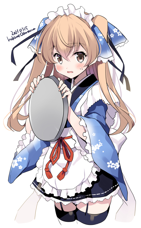 1girl alternate_costume apron blue_kimono blush brown_eyes cropped_legs dated enmaided eyebrows_visible_through_hair hair_between_eyes holding holding_tray japanese_clothes johnston_(kancolle) kantai_collection kimono light_brown_hair long_hair long_sleeves maid maid_headdress odawara_hakone open_mouth solo thigh-highs tray twitter_username two_side_up wa_maid white_apron wide_sleeves