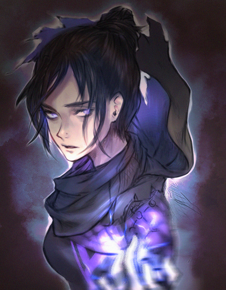 1girl apex_legends bangs black_hair black_scarf blurry blurry_foreground breasts electricity floating_scarf gloves glowing glowing_eyes grey_gloves hair_behind_ear hair_bun ma_(souseki556) medium_breasts nose_piercing open_hand parted_bangs piercing scarf solo upper_body violet_eyes wraith_(apex_legends)