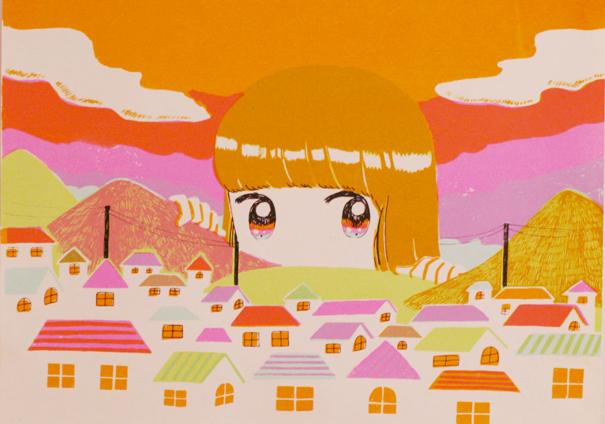 1girl bangs building giant giantess hands_up house limited_palette long_hair no_mouth no_nose orange_hair original outdoors sky solo surreal yana_mmm