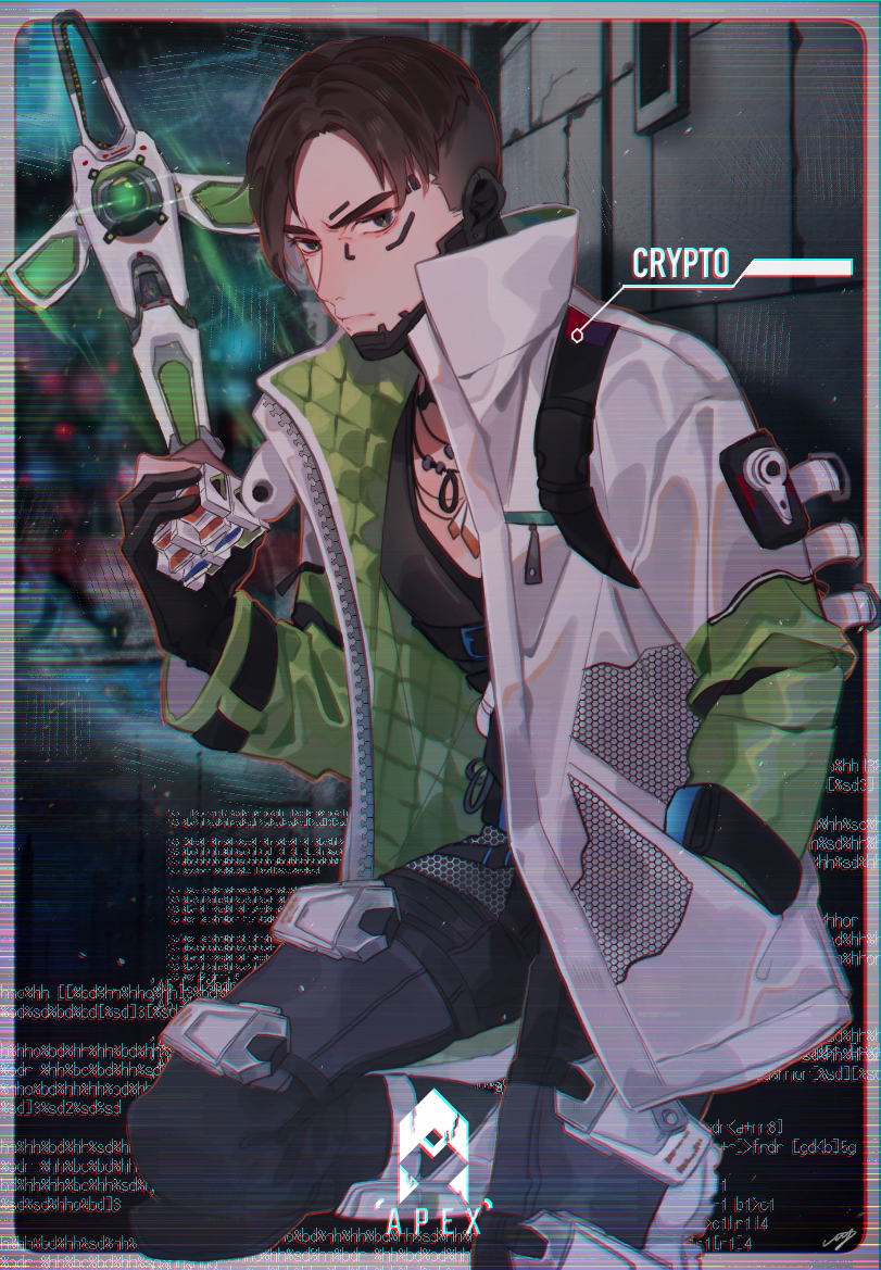 1boy apex_legends black_eyes black_gloves black_hair black_pants black_shirt black_vest character_name crypto_(apex_legends) drone gloves green_sleeves hack_(apex_legends) hand_in_pocket holding iyo_(nanaka-0521) jacket jewelry leaning_forward looking_at_viewer male_focus necklace pants partially_fingerless_gloves science_fiction shirt solo undercut vest white_jacket