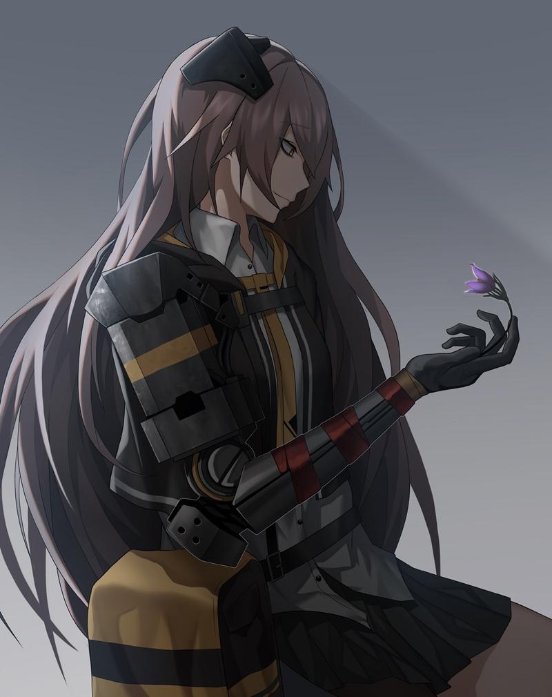 1girl bag bangs black_gloves black_jacket black_skirt brown_hair cero_(last2stage) closed_mouth eyebrows_visible_through_hair flower girls_frontline gloves jacket long_hair looking_down mechanical_arms open_clothes open_jacket shirt simple_background single_mechanical_arm sitting skirt solo ump45_(girls_frontline) white_shirt yellow_eyes