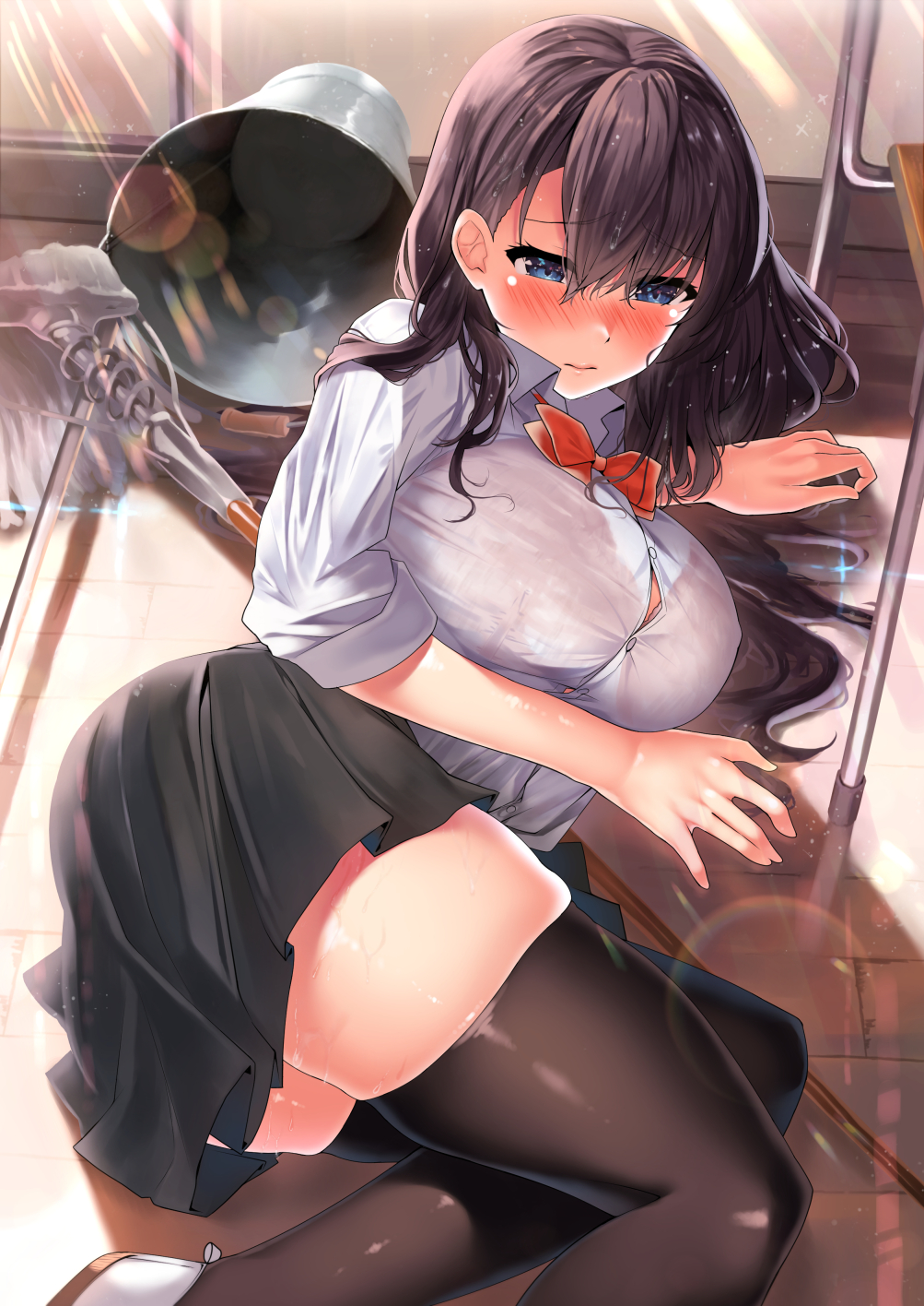 1girl 3: ass black_hair black_legwear black_skirt blue_eyes blush bra breasts buckle closed_mouth collared_shirt commentary_request embarrassed fallen_down feet_out_of_frame highres indoors kawai large_breasts lens_flare long_hair looking_away looking_to_the_side lying miniskirt mob nose_blush on_floor on_side original pleated_skirt see-through shirt skindentation skirt sleeves_pushed_up solo sparkle sunlight thigh-highs underwear wet wet_clothes wet_shirt white_shirt wooden_floor zettai_ryouiki