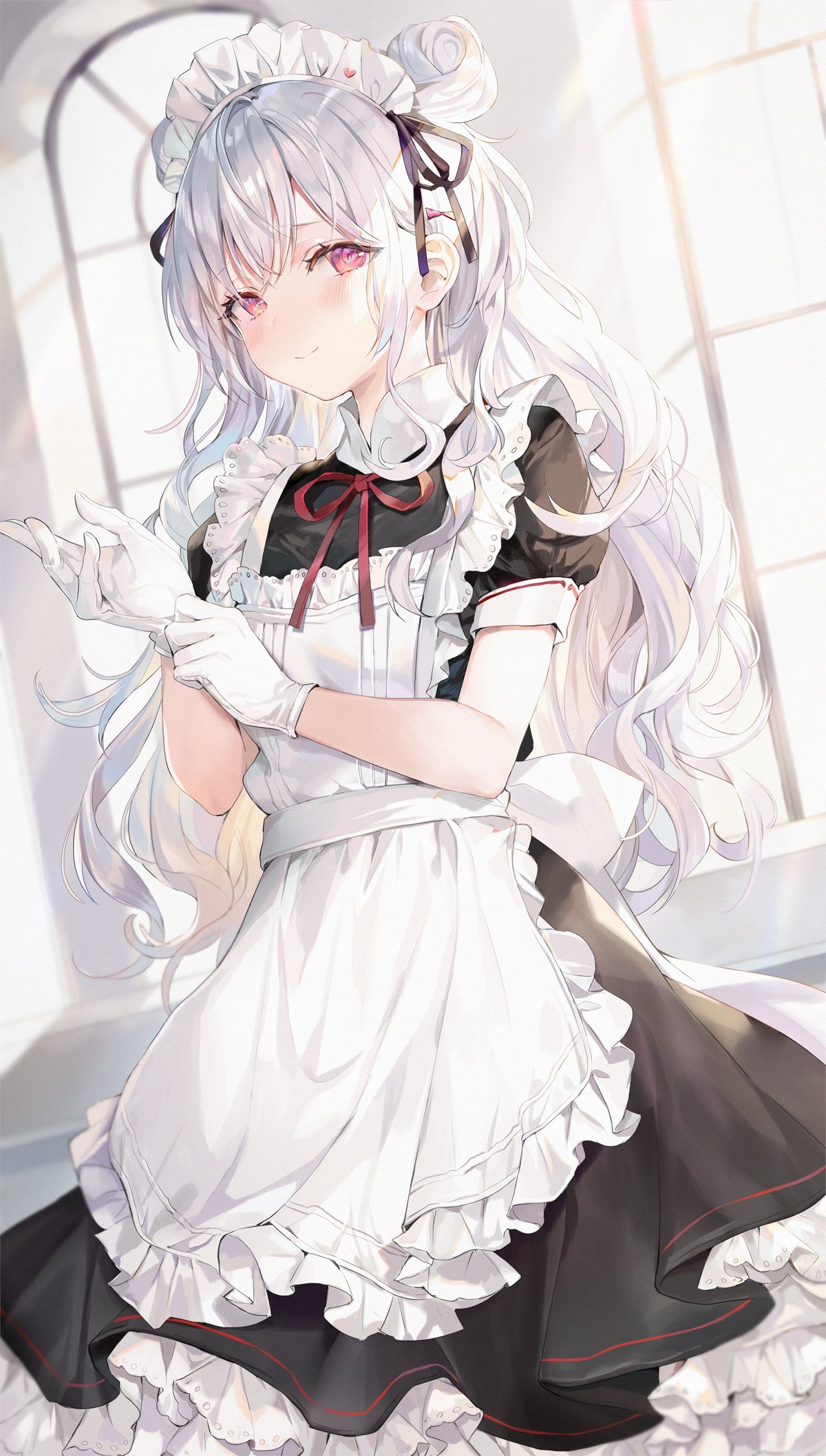 1girl apron bangs black_dress blush closed_mouth crossed_bangs double_bun dress frilled_apron frilled_dress frills gloves hair_ornament hairclip headdress highres indoors long_hair looking_at_viewer maid maid_headdress momoko_(momopoco) original pink_eyes ribbon shiny shiny_hair short_sleeves silver_hair smile solo sunlight white_apron white_gloves white_headdress window