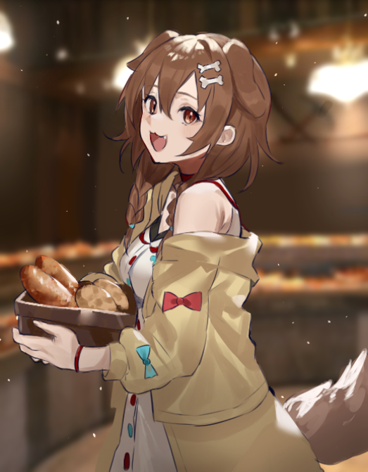 1girl :3 animal_ears bakery basket blurry blurry_background bone bone_hair_ornament bread breasts brown_tail dog_ears dog_girl dog_tail dress fang food hair_ornament hololive inugami_korone jacket medium_breasts open_mouth pamdaudonn0331 shop tail teeth white_dress yellow_jacket