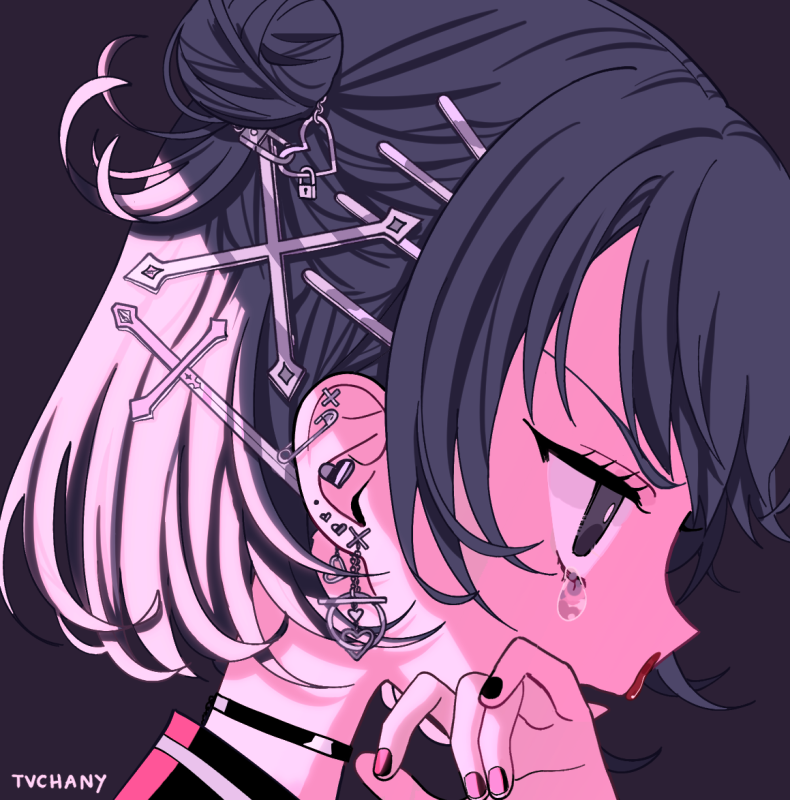 1girl black_background black_hair black_nails blood ear_piercing earrings hair_ornament hairclip hand_up jewelry myon_(tokipi) nosebleed original piercing portrait profile safety_pin short_hair signature simple_background solo tears