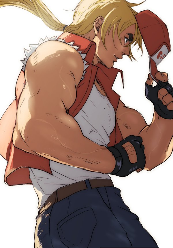 1boy baseball_cap blonde_hair blue_eyes fatal_fury fingerless_gloves gloves hat jacket long_hair male_focus muscular pants ponytail simple_background solo terry_bogard the_king_of_fighters vest vldhomecenter