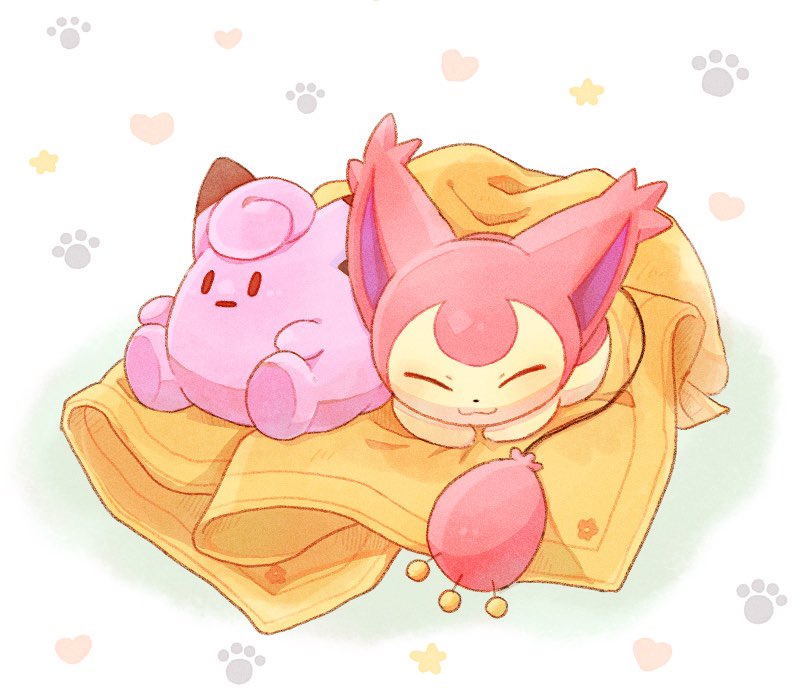 :3 blanket cat cat_day character_doll clefairy closed_eyes closed_mouth gen_1_pokemon gen_3_pokemon heart lying no_humans on_stomach paw_print_background pokemon pokemon_(creature) skitty sleeping smile star_(symbol) yuki_sane49