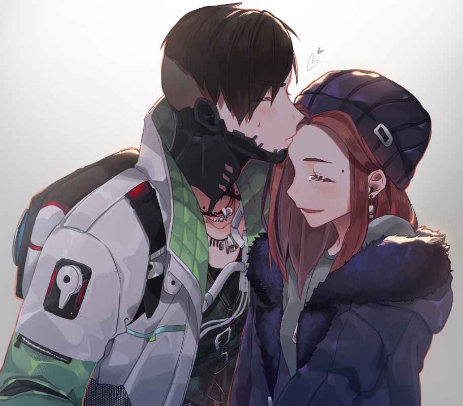 1boy 1girl apex_legends backpack bag beanie black_hair black_jacket black_shirt brother_and_sister closed_eyes collarbone crypto_(apex_legends) earrings forehead_kiss fur_trim green_shirt green_sleeves hair_behind_ear hat iyo_(nanaka-0521) jacket jewelry kiss medium_hair mila_alexander mole_above_eye multicolored_hair necklace orange_hair purple_hair purple_headwear shirt siblings streaked_hair tearing_up upper_body white_jacket