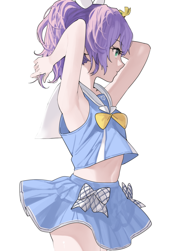 1girl aqua_eyes armpits arms_up azur_lane bare_arms bare_shoulders blue_shirt blue_skirt bow bowtie cowboy_shot crop_top crop_top_overhang from_side hair_ornament idol javelin_(azur_lane) javelin_(let's_become_waitresses!)_(azur_lane) looking_away midriff miniskirt navel ootani_nonno ponytail profile purple_hair sailor_collar shirt simple_background skirt sleeveless sleeveless_shirt solo stomach white_background