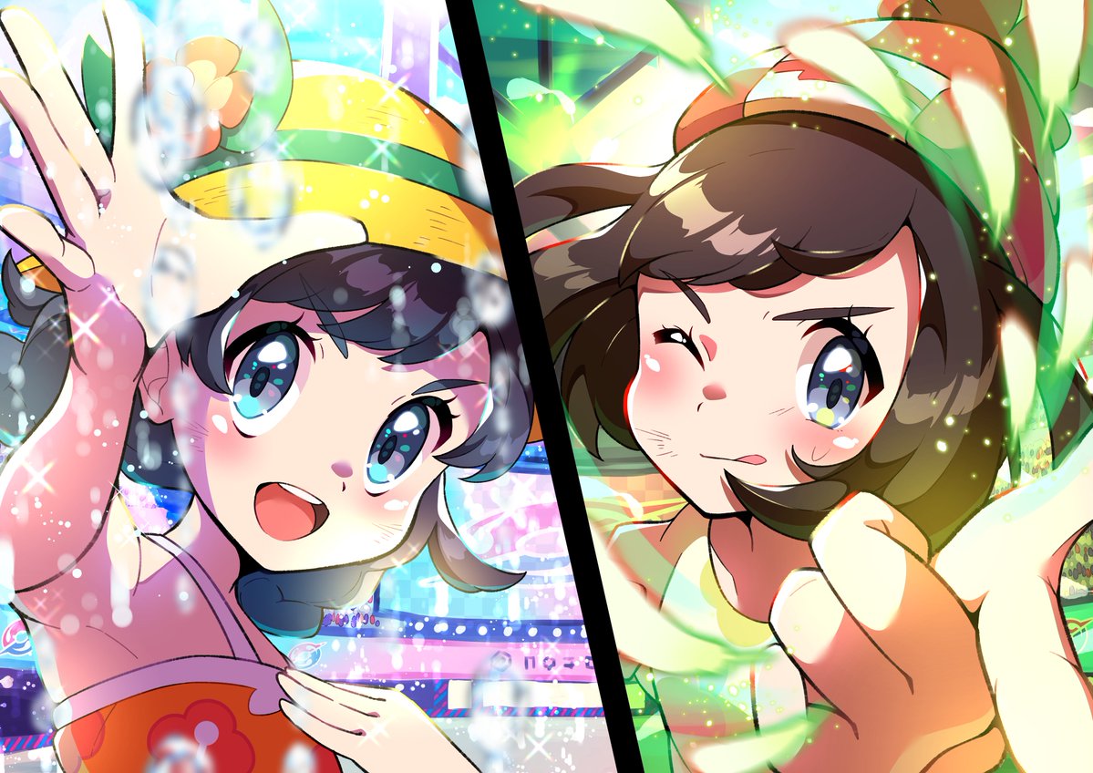 2girls :q bangs bare_arms beanie black_hair blush brown_hair closed_mouth commentary_request eyelashes floating_hair grey_eyes hat looking_at_viewer multiple_girls one_eye_closed open_mouth pointing pokemon pokemon_(game) pokemon_sm pokemon_usum pon_yui selene_(pokemon) shirt splitscreen stadium t-shirt teeth tongue tongue_out yellow_headwear