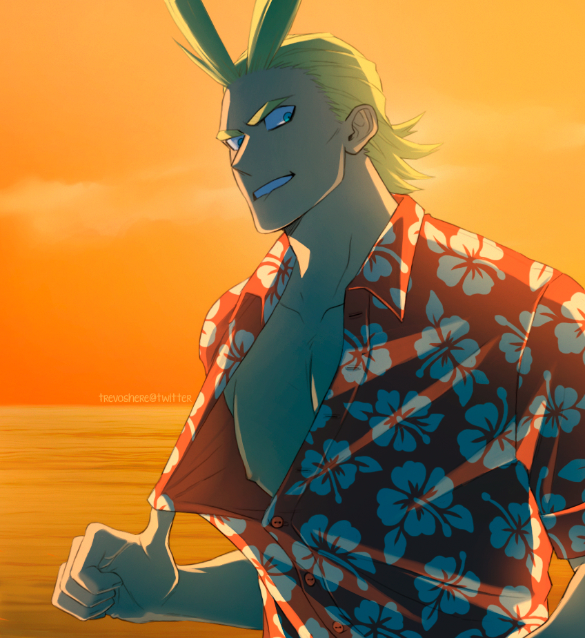 1boy all_might alternate_costume antenna_hair bare_pecs beach blonde_hair boku_no_hero_academia floral_print grin hair_slicked_back large_pectorals looking_at_viewer male_focus muscular muscular_male nipples print_shirt pulled_by_self shirt shirt_pull short_hair smile solo sunlight sunset trevo_(trevoshere) upper_body younger