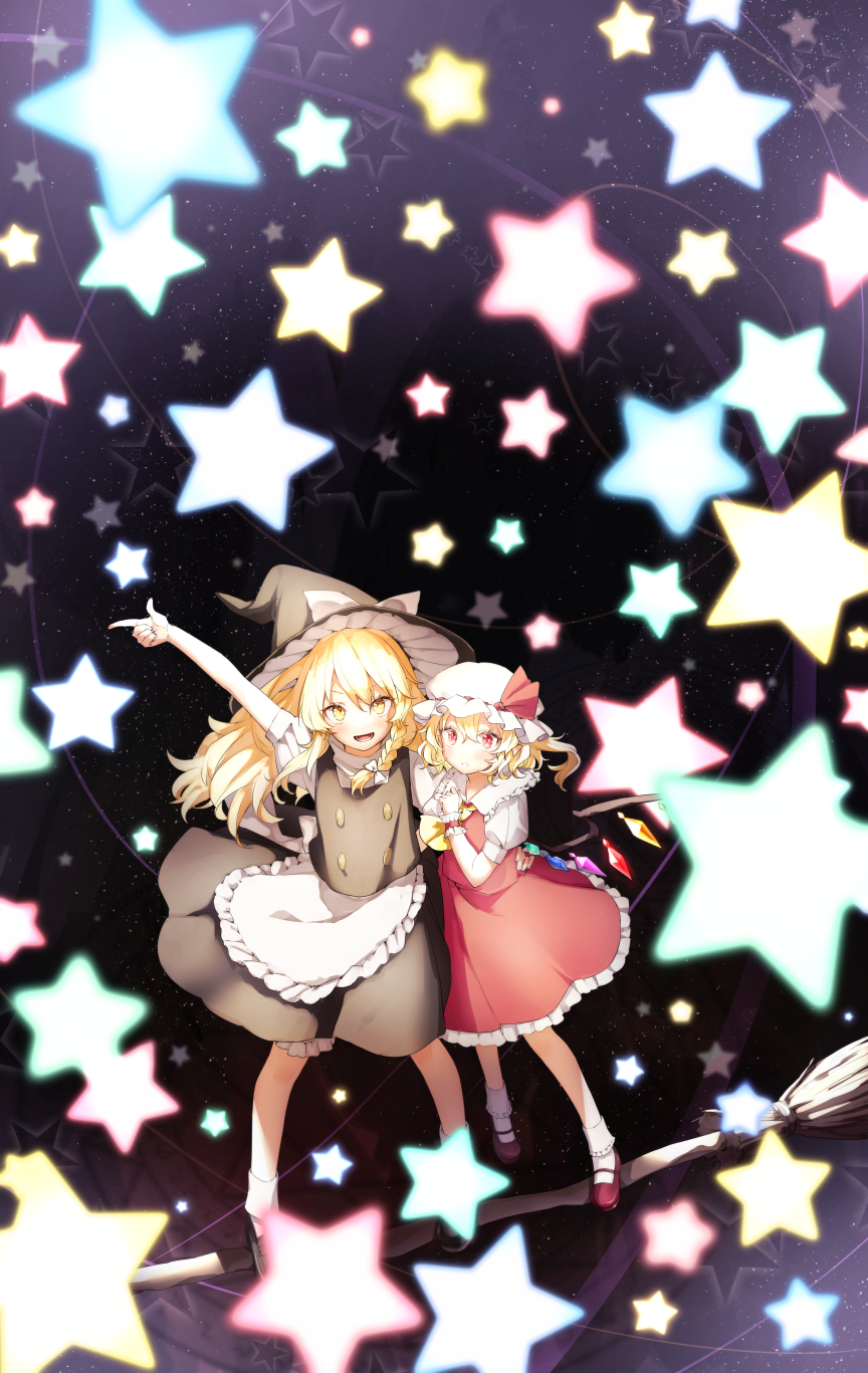 2girls apron arm_around_waist arm_up bangs black_background black_footwear black_headwear black_skirt black_vest blonde_hair bow braid commentary_request commission crystal flandre_scarlet full_body hair_bow hat hat_ribbon highres honotai index_finger_raised kirisame_marisa long_hair mary_janes mob_cap multiple_girls open_mouth red_eyes red_footwear red_ribbon red_skirt red_vest ribbon shirt shoes short_sleeves side_ponytail single_braid skeb_commission skirt smile socks standing standing_on_broom star_(symbol) starry_background touhou vest waist_apron white_bow white_headwear white_legwear white_shirt wings witch_hat wrist_cuffs yellow_eyes yellow_neckwear