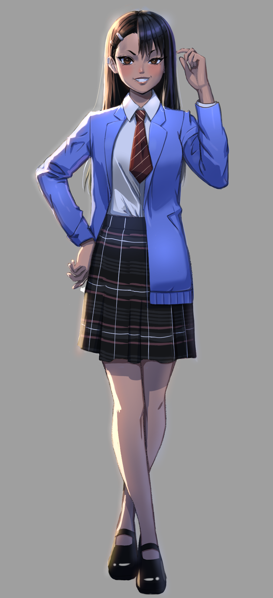 1girl asymmetrical_bangs bangs black_footwear black_hair black_skirt blazer blue_jacket blush breasts brown_eyes collaboration collared_shirt crossed_legs dark_skin dark-skinned_female ear_clip english_commentary full_body grey_background grin hair_ornament hairclip highres ijiranaide_nagatoro-san jacket kuya_jaypi lips long_hair mary_janes minimalaifu nagatoro_hayase necktie plaid plaid_skirt red_neckwear school_uniform shirt shoes sidelighting skirt small_breasts smile solo standing striped striped_neckwear white_shirt