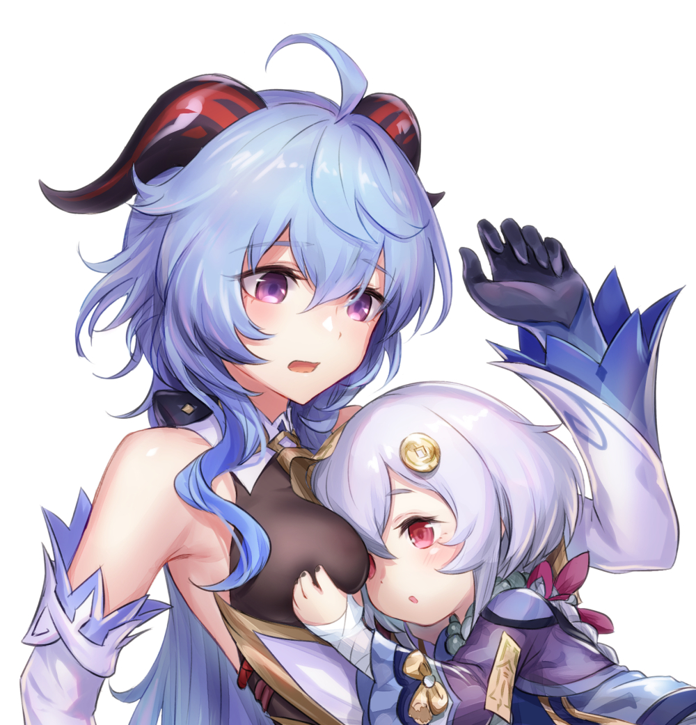 2girls ahoge arm_up bare_shoulders bell blue_hair blush breast_grab breasts commentary_request cowbell detached_sleeves eyebrows_visible_through_hair face_to_breasts ganyu_(genshin_impact) genshin_impact goat_horns grabbing headwear_removed horns jewelry jiangshi looking_at_breasts multiple_girls partial_commentary qiqi_(genshin_impact) shinachiku_(uno0101) violet_eyes white_hair