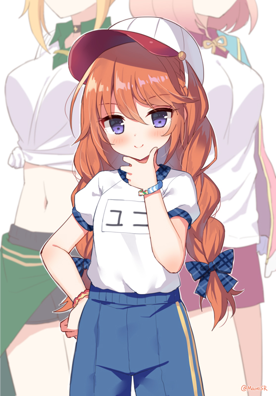 3girls bangs baseball_cap black_shorts blue_bow blue_shorts blush bow braid breasts brown_hair chieru_(princess_connect!) chloe_(princess_connect!) closed_mouth clothes_around_waist commentary_request eyebrows_visible_through_hair green_jacket gym_shirt gym_uniform hair_between_eyes hair_bow hand_on_hip hand_up hat jacket jacket_around_waist long_hair mauve medium_breasts midriff multiple_girls navel open_clothes open_jacket pink_jacket plaid plaid_bow princess_connect! princess_connect!_re:dive puffy_short_sleeves puffy_sleeves red_shorts shirt short_shorts short_sleeves shorts simple_background smile solo_focus tied_shirt twin_braids twintails very_long_hair violet_eyes white_background white_headwear white_shirt yuni_(princess_connect!)