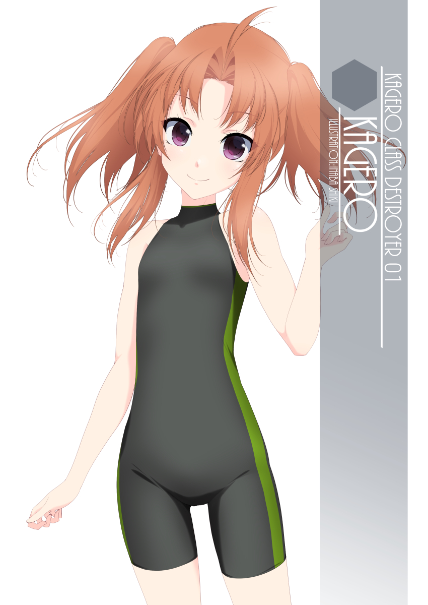 1girl artist_name black_bodysuit bodysuit brown_hair character_name competition_swimsuit cowboy_shot flat_chest highres inaba_shiki kagerou_(kancolle) kantai_collection long_hair looking_at_viewer one-hour_drawing_challenge one-piece_swimsuit simple_background sleeveless_bodysuit solo standing swimsuit twintails violet_eyes white_background
