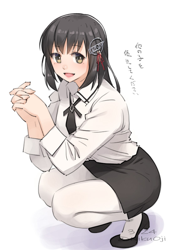 1girl black_hair black_neckwear black_skirt brown_eyes dress_shirt full_body haguro_(kancolle) hair_ornament hands_clasped kantai_collection looking_at_viewer military military_uniform necktie nikuoji open_mouth own_hands_together pantyhose pencil_skirt remodel_(kantai_collection) shirt short_hair simple_background skirt smile solo squatting translation_request uniform white_background white_legwear white_shirt