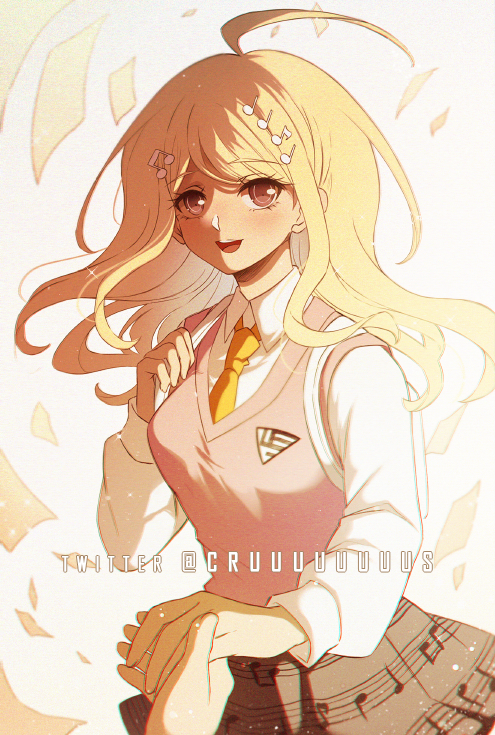 1girl ahoge akamatsu_kaede bangs beamed_sixteenth_notes blonde_hair blush breasts criis-chan dangan_ronpa_(series) dangan_ronpa_v3:_killing_harmony eighth_note hair_ornament holding_hands large_breasts long_hair long_sleeves looking_at_viewer musical_note musical_note_hair_ornament open_mouth pleated_skirt quarter_note shirt skirt smile solo_focus striped sweater_vest symbol_commentary white_shirt