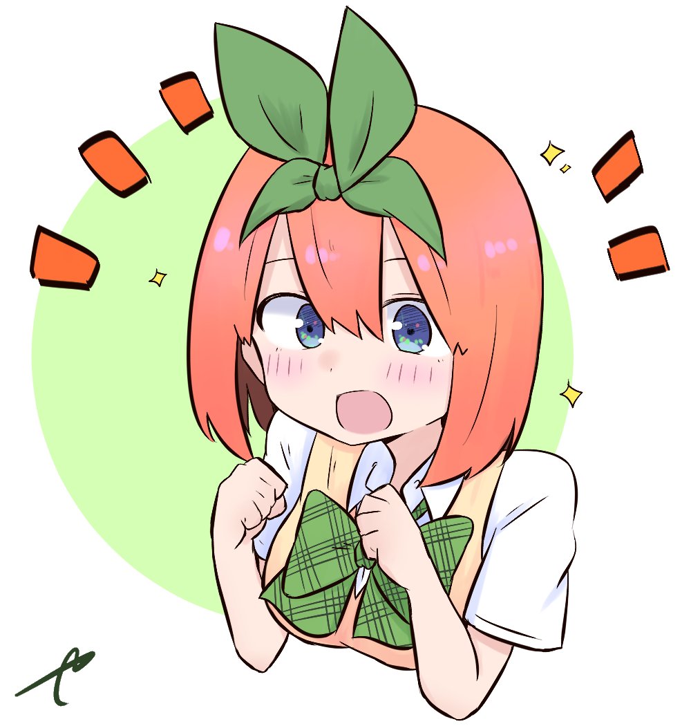 1girl :d bangs blue_eyes blush bow breasts clenched_hands collared_shirt commentary_request eyebrows_behind_hair go-toubun_no_hanayome green_background green_bow green_ribbon hair_between_eyes hair_ribbon hands_up kujou_karasuma medium_breasts nakano_yotsuba notice_lines open_mouth ribbon shirt short_sleeves signature smile solo sparkle sweater_vest two-tone_background white_background white_shirt