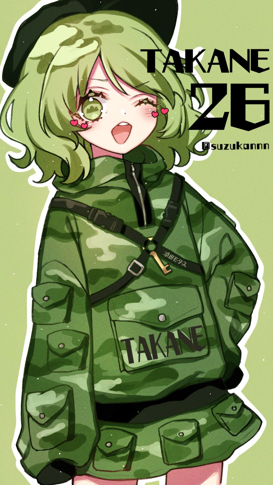 1girl bangs black_headwear camouflage camouflage_hoodie camouflage_print camouflage_skirt character_name clothes_writing cowboy_shot eyebrows_visible_through_hair green_background green_eyes green_hair green_skirt hand_on_hip heart highres key kyouda_suzuka long_sleeves looking_at_viewer one_eye_closed open_mouth pocket short_hair simple_background skirt sleeves_past_fingers sleeves_past_wrists solo standing symbol-shaped_pupils teeth touhou twitter_username v-shaped_eyebrows yamashiro_takane