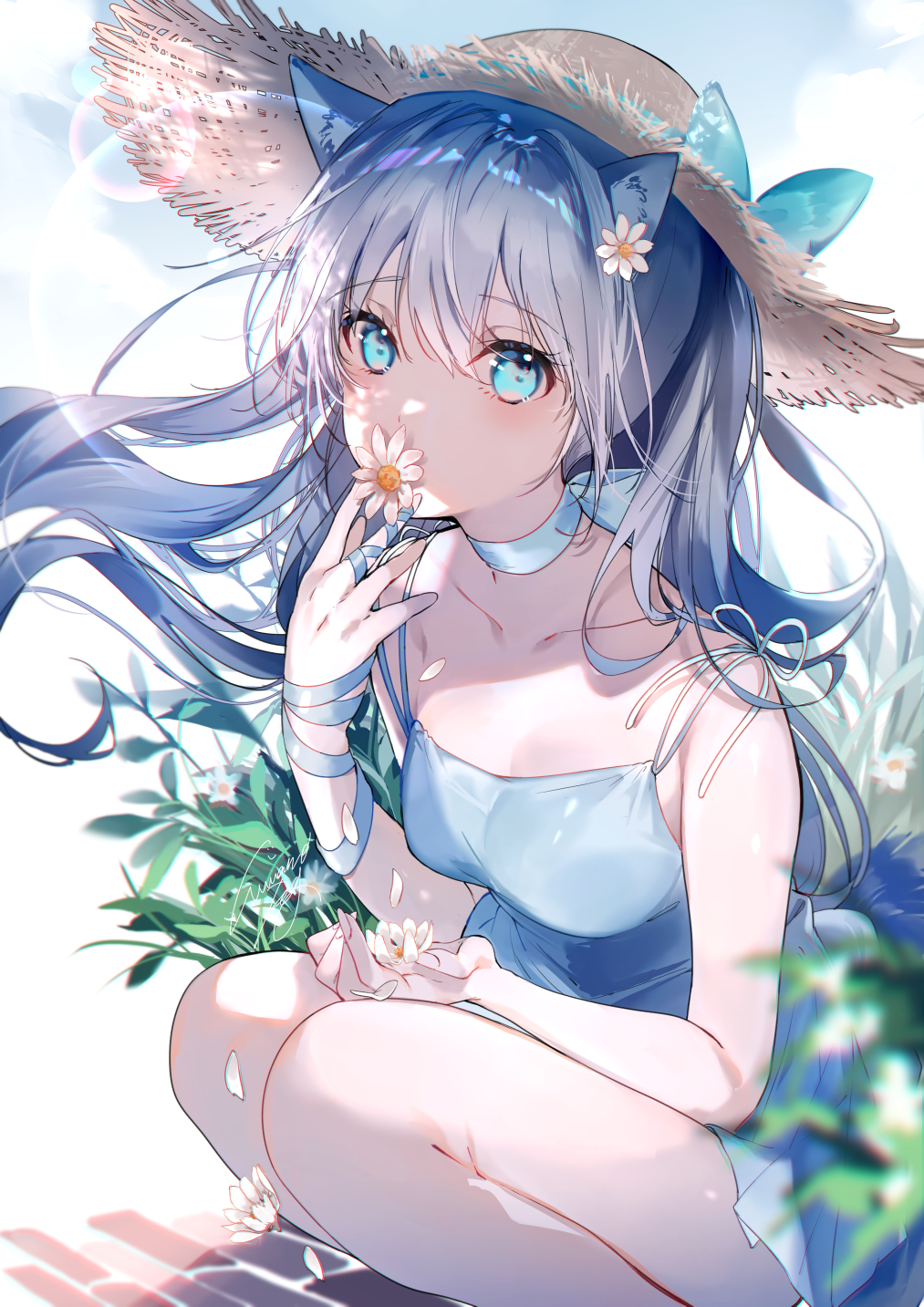 1girl animal_ear_fluff bare_legs bare_shoulders blue_bow blue_choker blue_dress blue_eyes blue_hair blue_ribbon blush bow breasts choker collarbone covered_mouth day dress feet_out_of_frame flower hair_flower hair_ornament hand_up hat hat_bow hat_ornament highres holding holding_flower lens_flare looking_at_viewer medium_breasts miwano_ragu original outdoors petals ribbon signature sleeveless sleeveless_dress solo squatting straw_hat sundress white_flower