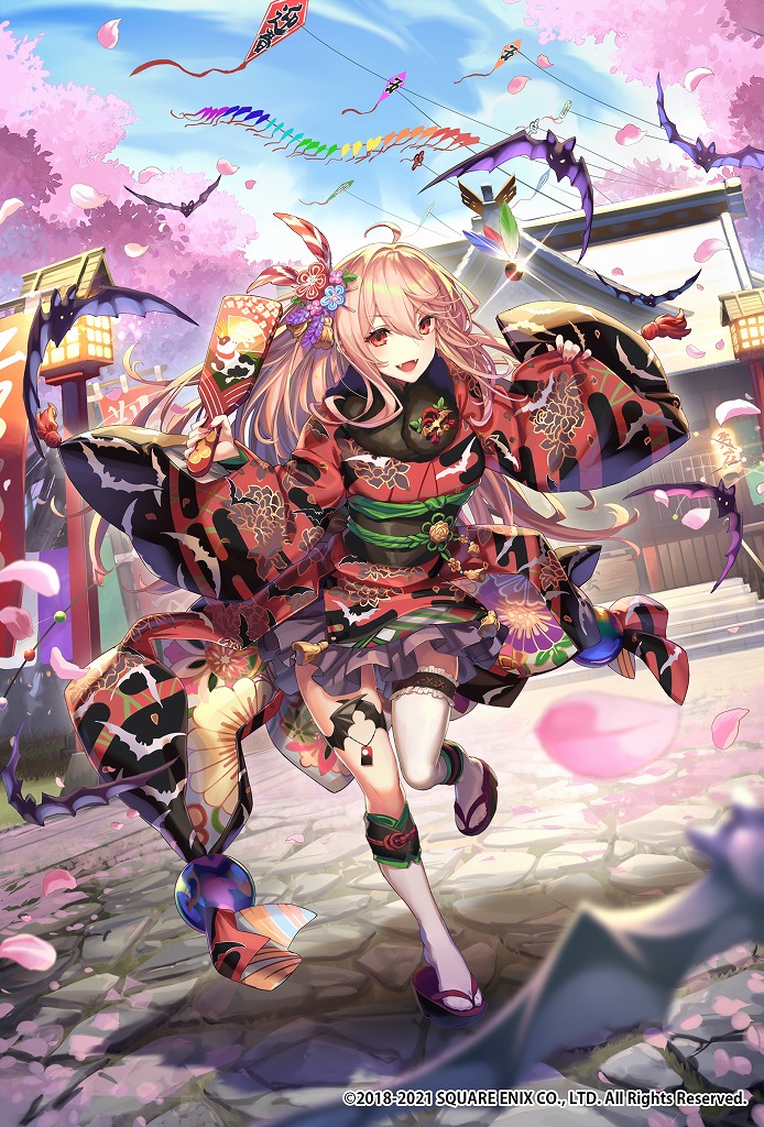 1girl animal bat bat_wings cherry_blossoms clogs flag japanese_clothes kimono kite lantern long_hair looking_at_viewer new_year open_mouth pink_hair ponytail racket red_eyes romancing_saga_re;universe shrine solo teeth tef temple thigh-highs twintails vampire white_legwear wings