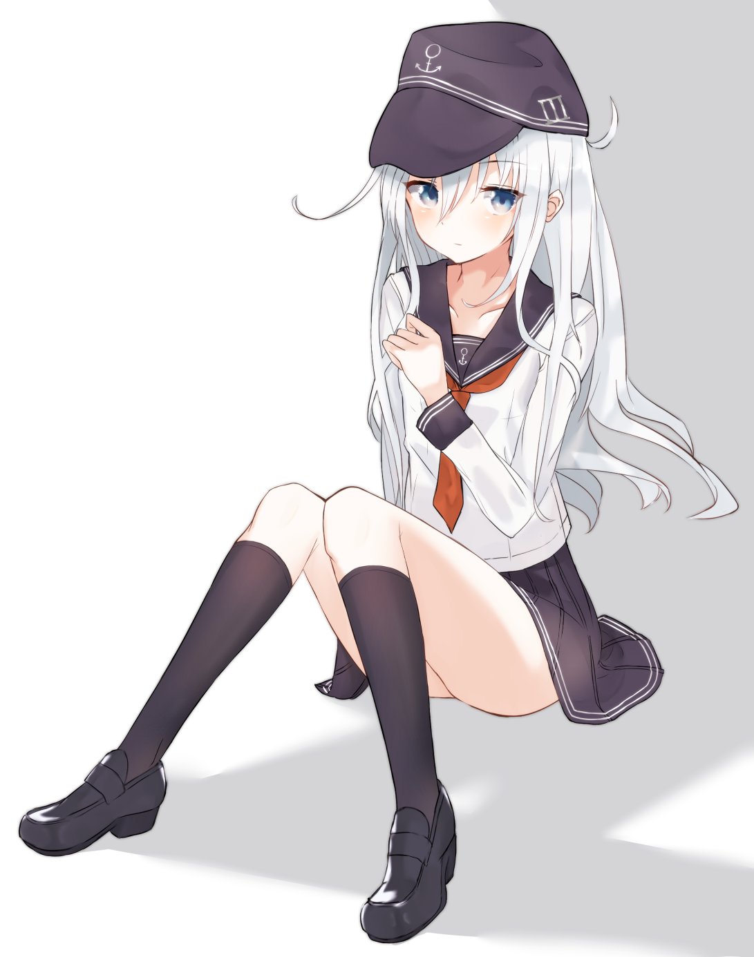 1girl alternate_legwear anchor_symbol black_legwear black_sailor_collar black_skirt blue_eyes flat_cap full_body hat hibiki_(kancolle) highres kantai_collection kneehighs long_hair neckerchief pleated_skirt red_neckwear sailor_collar school_uniform serafuku silver_hair sitting skirt solo tachakan