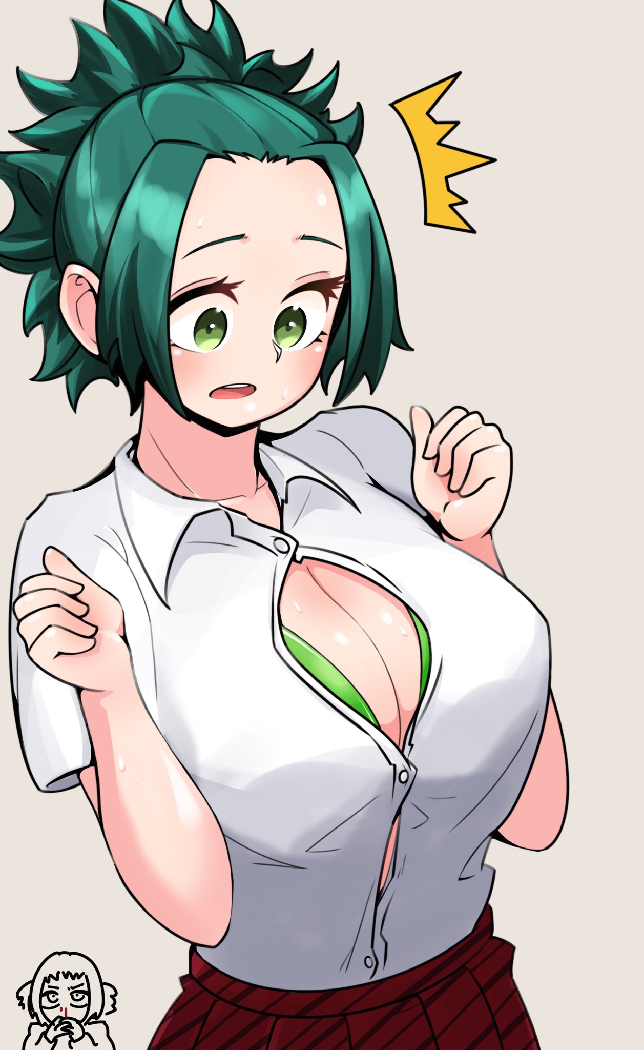 2girls agari_himiko blood blush bra breasts bursting_breasts green_bra green_eyes green_hair highres komi-san_wa_komyushou_desu large_breasts lecca_aisu multiple_girls nosebleed pleated_skirt red_skirt shirt skirt spiky_hair underwear white_shirt wing_collar