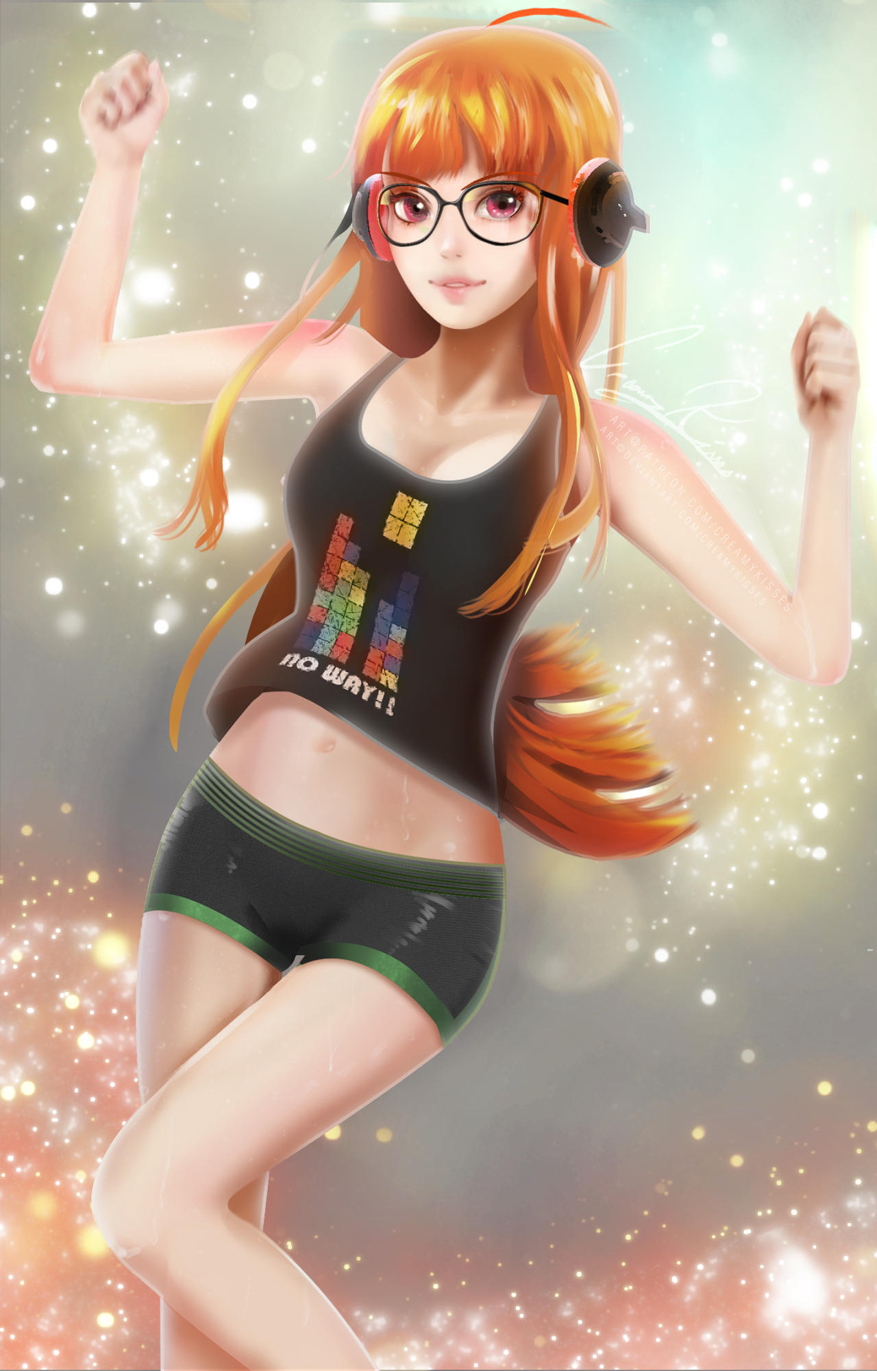 1girl ahoge arms_up bangs bare_shoulders black_legwear black_shirt clenched_hands commentary creamykisses dancing english_commentary glasses headphones highres long_hair midriff navel open_mouth orange_hair persona persona_5 persona_5:_dancing_star_night pixel_art shiny shiny_hair shiny_skin shirt short_shorts shorts simple_background solo_focus sparkle sparkle_background sweatdrop tank_top violet_eyes watermark