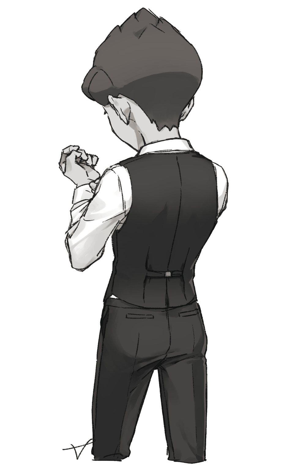 1boy adjusting_sleeves alternate_costume black_pants commentary_request from_behind grey_vest greyscale hands_up highres hop_(pokemon) long_sleeves male_focus monochrome pants pokemon sankaku shirt short_hair simple_background sketch solo vest white_background white_shirt