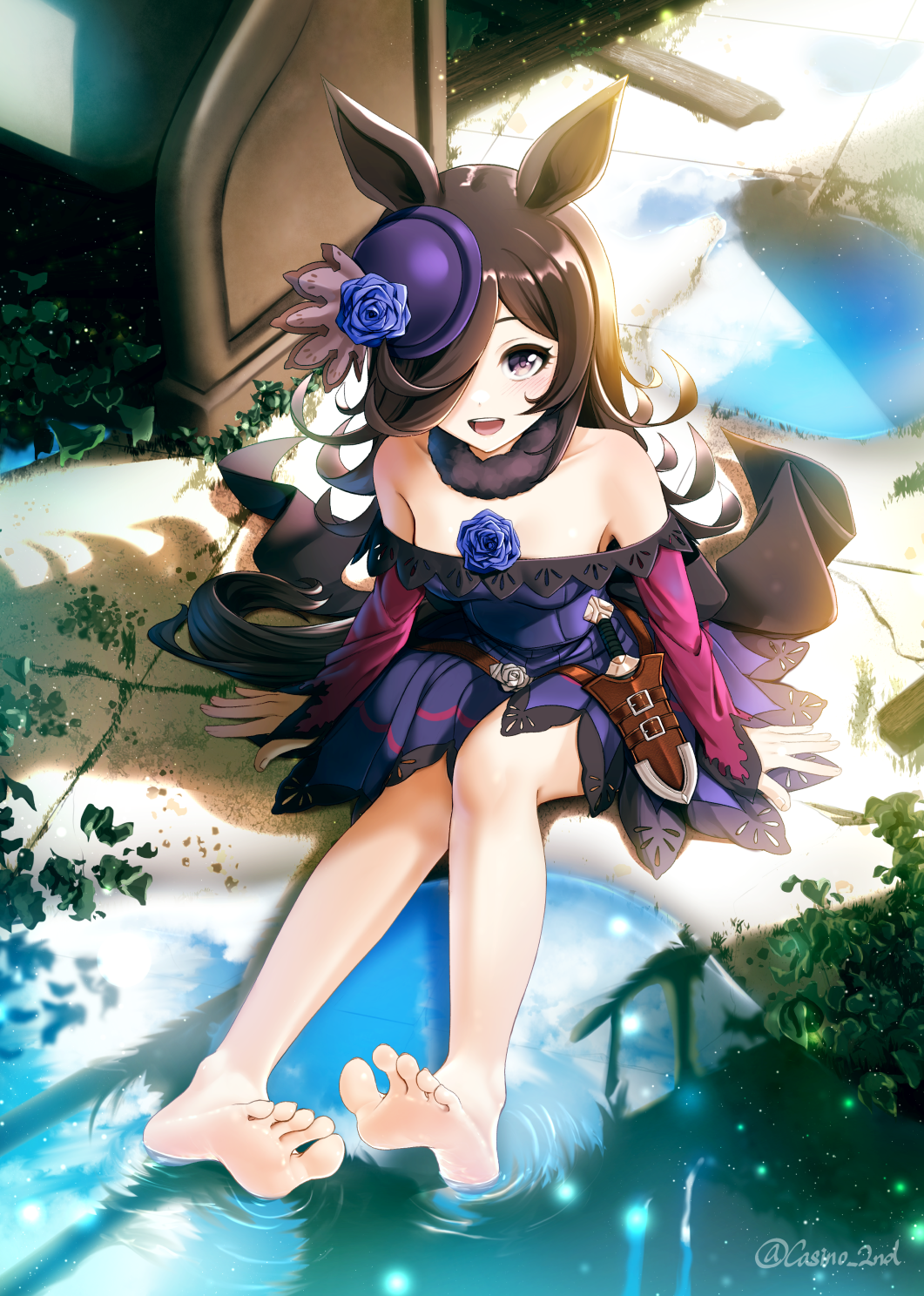 1girl animal_ears bare_legs bare_shoulders barefoot blue_flower blue_headwear casino_(casinoep) commentary_request dress feet flower greek_toe hair_over_one_eye hat hat_flower highres horse_ears horse_girl horse_tail looking_at_viewer off-shoulder_dress off_shoulder open_mouth purple_shirt revision rice_shower rose shirt soles tail tilted_headwear toes umamusume water