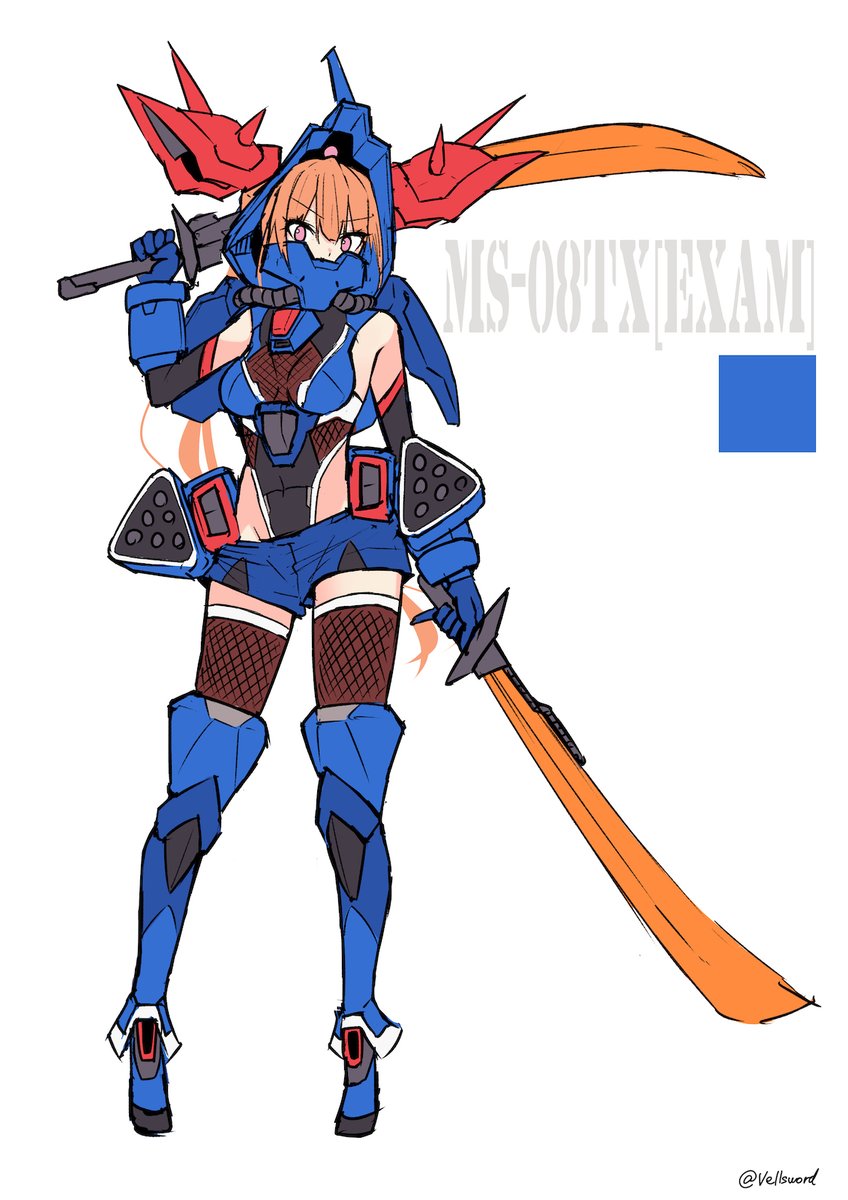 1girl artist_name breasts cable dual_wielding efreet_custom gundam gundam_side_story:_the_blue_destiny helmet highres holding holding_sword holding_weapon i.takashi mask mecha_musume medium_breasts missile_pod mouth_mask personification pink_eyes solo spikes sword thigh-highs v-shaped_eyebrows weapon white_background