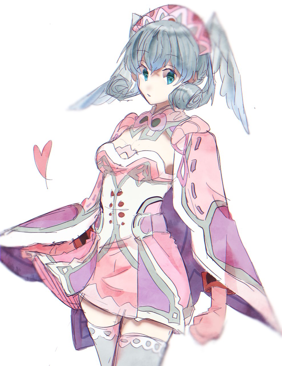 1girl blue_eyes braid breasts cape crown_braid curly_hair dress gloves hat head_wings highres juliet_sleeves long_hair long_sleeves looking_at_viewer medium_breasts melia_antiqua mugimugis o-ring puffy_sleeves short_dress silver_hair simple_background smile solo staff thigh-highs upper_body xenoblade_chronicles xenoblade_chronicles_(series)