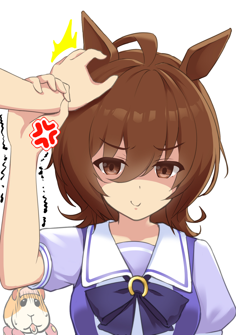 1girl ^^^ agnes_tachyon ahoge anger_vein animal_ears arm_up bangs bow brown_eyes brown_hair closed_mouth collarbone commentary_request crossover eyebrows_visible_through_hair hair_between_eyes horse_ears long_hair looking_at_viewer mocchi molcar puffy_short_sleeves puffy_sleeves pui_pui_molcar purple_bow purple_shirt school_uniform shaded_face shirt short_sleeves simple_background smile solo_focus tracen_school_uniform trembling umamusume upper_body white_background wrist_grab