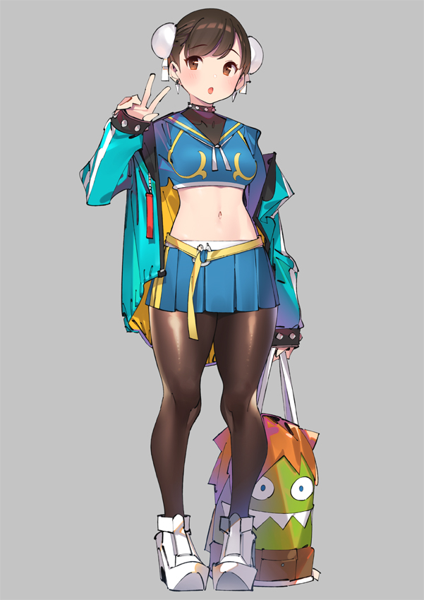 1girl :o adapted_costume aqua_jacket bag blanka blanka-chan blue_shirt blue_skirt breasts brown_eyes brown_hair brown_legwear bun_cover chun-li collar crop_top earrings full_body grey_background hand_up holding jacket jewelry long_sleeves looking_at_viewer medium_breasts midriff miniskirt navel off_shoulder open_clothes open_jacket open_mouth pantyhose pleated_skirt poppuqn raincoat sailor_collar school_uniform serafuku shirt shoes short_hair simple_background skirt sneakers solo standing street_fighter street_fighter_v v