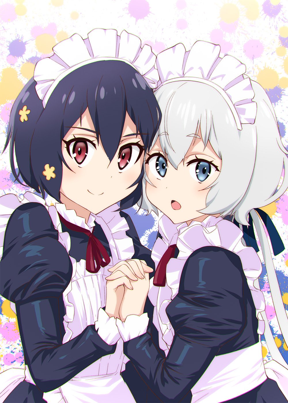 2girls alternate_costume apron black_hair blue_eyes chromatic_aberration closed_mouth enmaided eyebrows_visible_through_hair flower hair_flower hair_ornament highres holding_hands interlocked_fingers konno_junko long_hair looking_at_viewer maid maid_apron maid_day maid_headdress mizuno_ai multiple_girls open_mouth patterned_background red_eyes short_hair silver_hair smile twintails ueyama_michirou upper_body zombie_land_saga