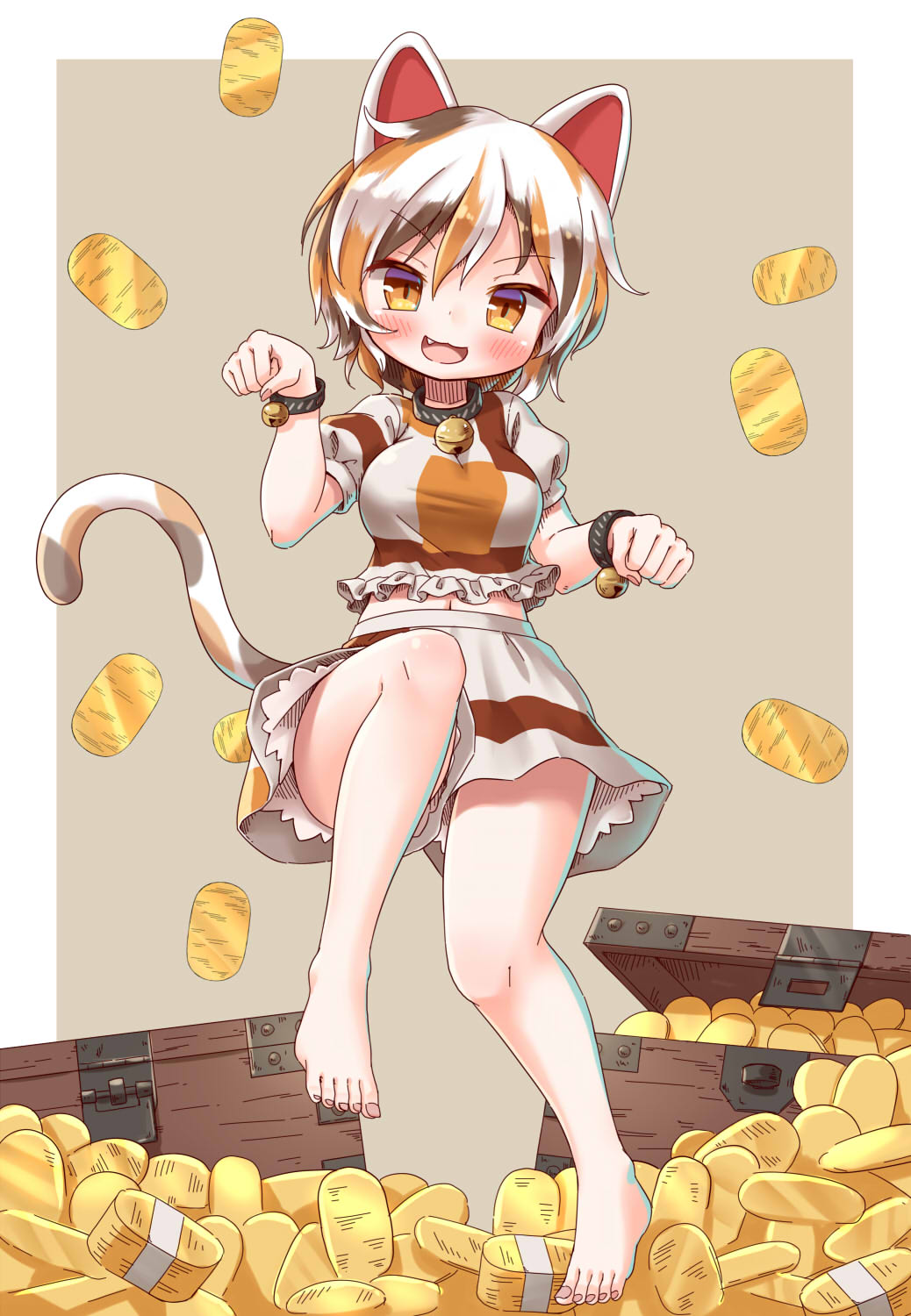 1girl :3 :d animal_ears arinu bangs barefoot bell border breasts brown_hair calico cat_ears cat_tail clenched_hands coin eyebrows_visible_through_hair fang full_body goutokuji_mike grey_background hair_between_eyes highres leg_up looking_at_viewer maneki-neko medium_breasts multicolored multicolored_clothes multicolored_hair multicolored_shirt multicolored_shorts multicolored_tail navel neck_bell open_mouth orange_hair shorts simple_background smile solo streaked_hair tail touhou treasure_chest v-shaped_eyebrows white_border white_hair yellow_eyes