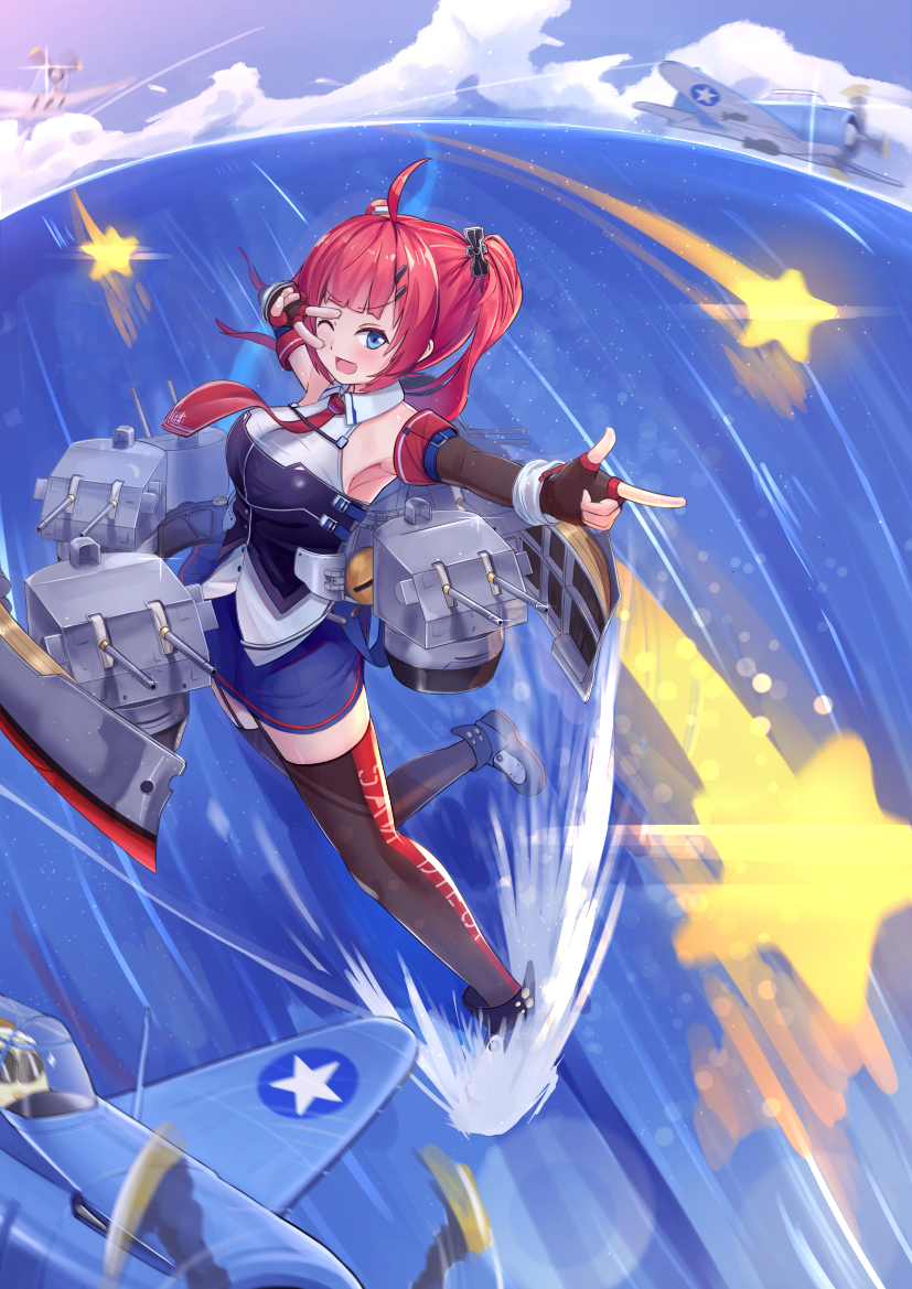 1girl ahoge aircraft airplane azur_lane bare_shoulders blue_eyes breasts detached_sleeves eyebrows_visible_through_hair gloves kyuuri_no_tsukemono large_breasts long_hair necktie open_mouth redhead retrofit_(azur_lane) san_diego_(azur_lane) skirt smile solo star_(symbol) thigh-highs twintails water